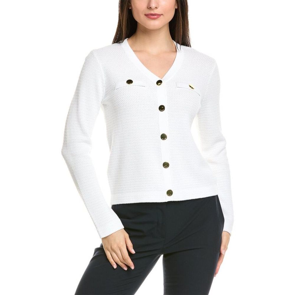 St. John White Crewneck Button Front Cardigan